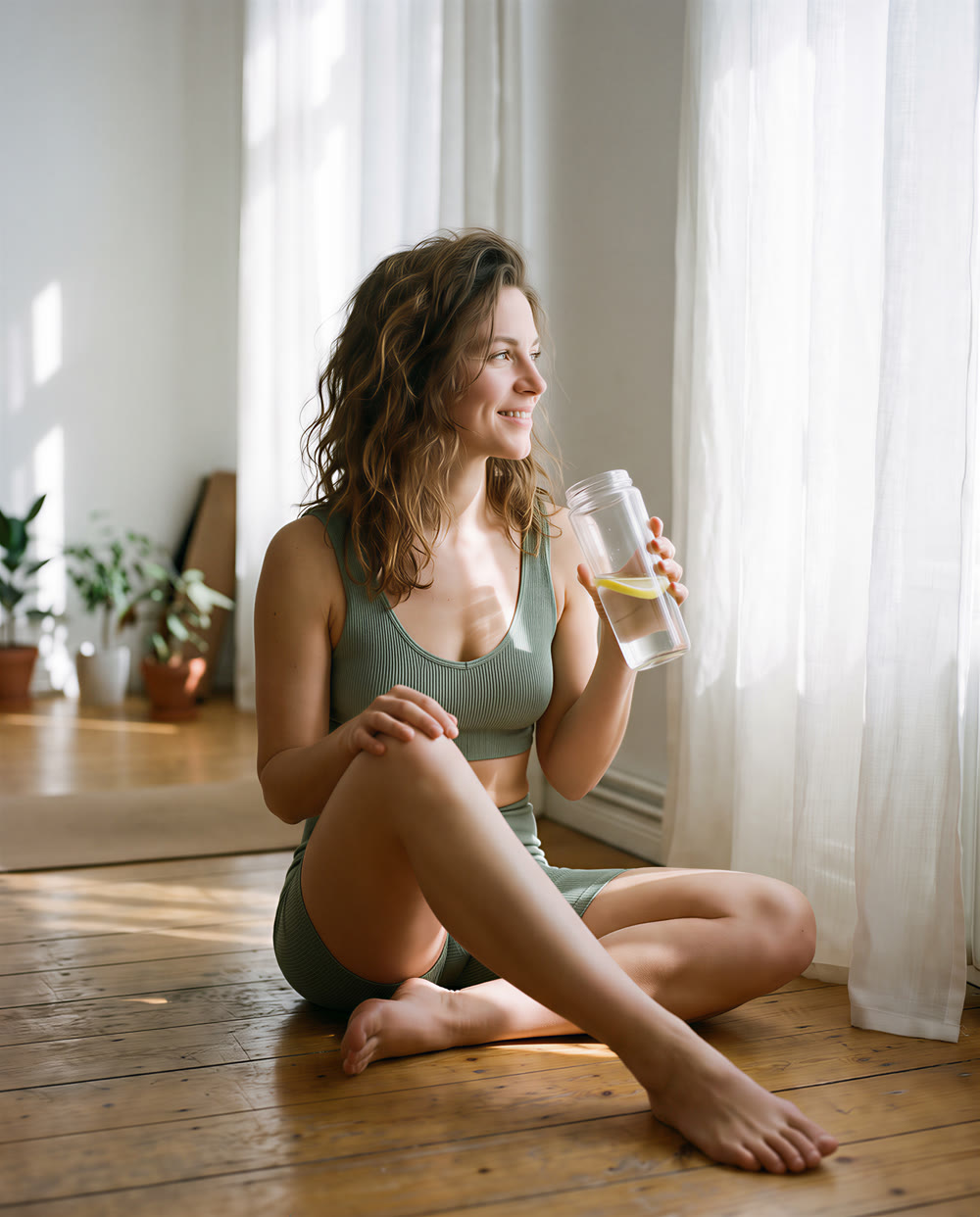 Woman resting after a workout with a glass of water
